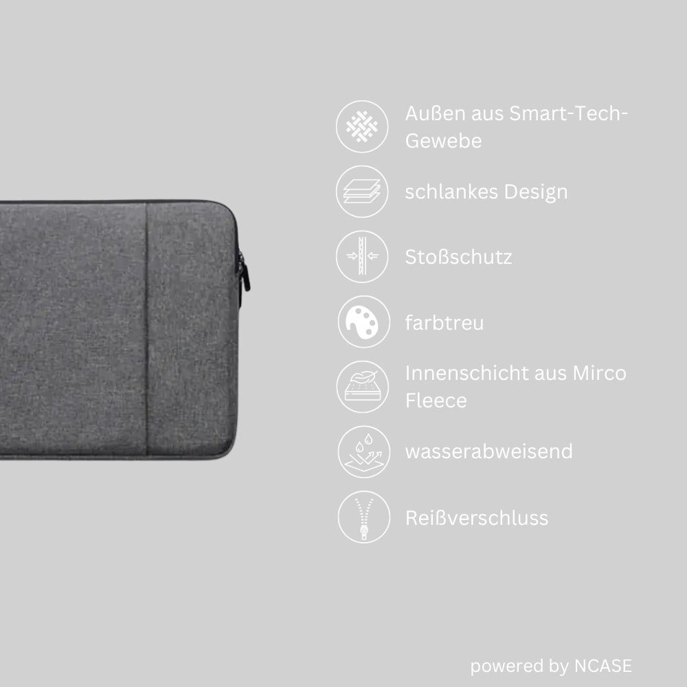 Dunkelgraue NCASE Laptoptasche aus Smart-Tech-Gewebe mit schmalem Design, stoßgeschützt, farbecht und wasserabweisend. Innen mit weichem Microfleece ausgestattet und mit Reißverschluss versehen.